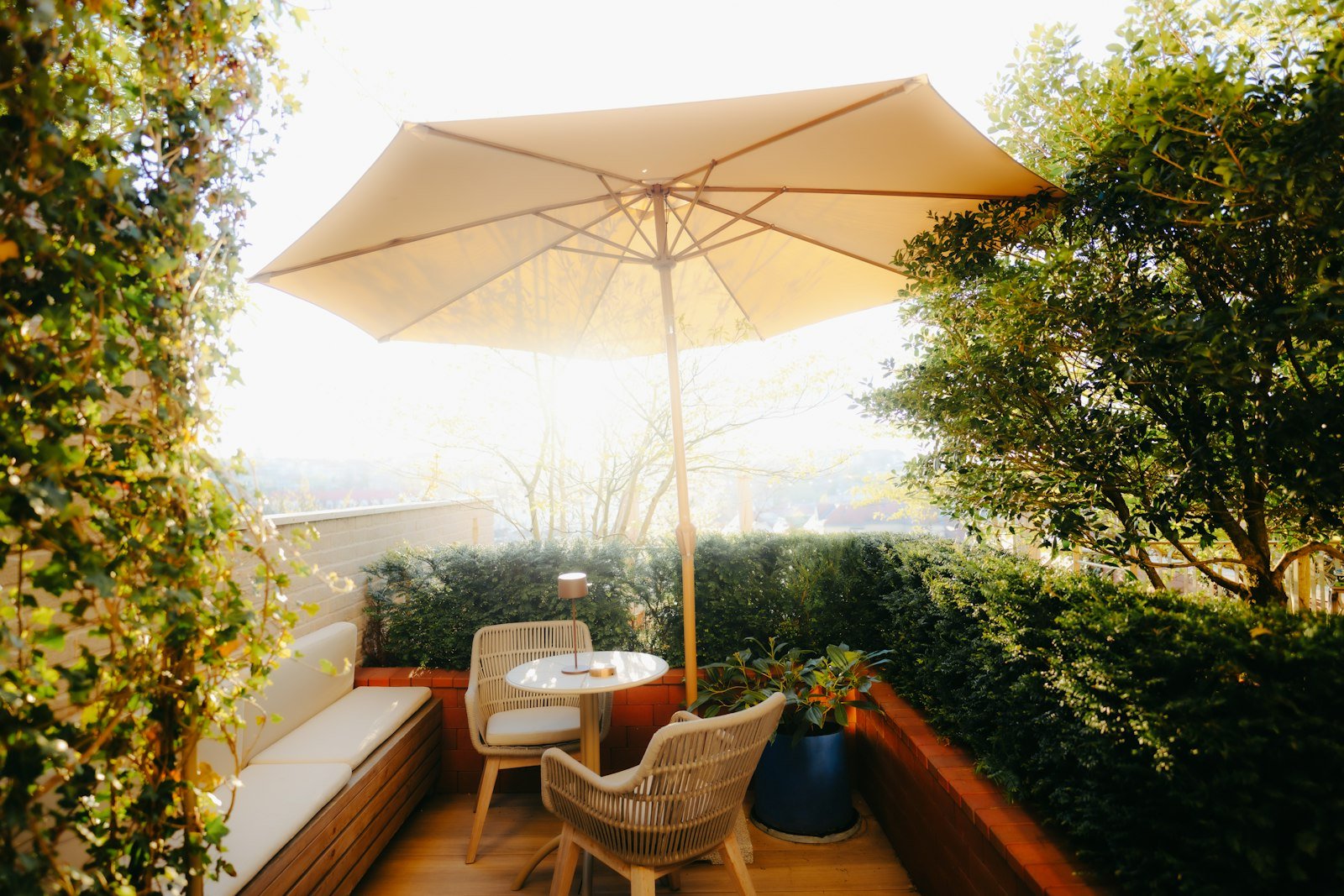 A shaded backyard patio with seating tucked among privacy hedges and greenery