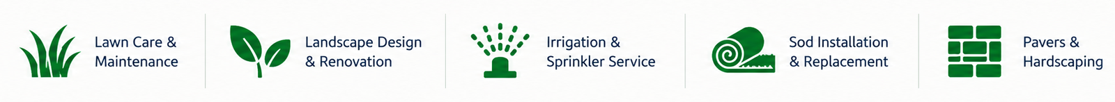 Lawn Care and Maintenance, Landscape Design and Renovation, Irrigation and Sprinkler Service, Sod Installation and Replacement, Pavers and Hardscaping